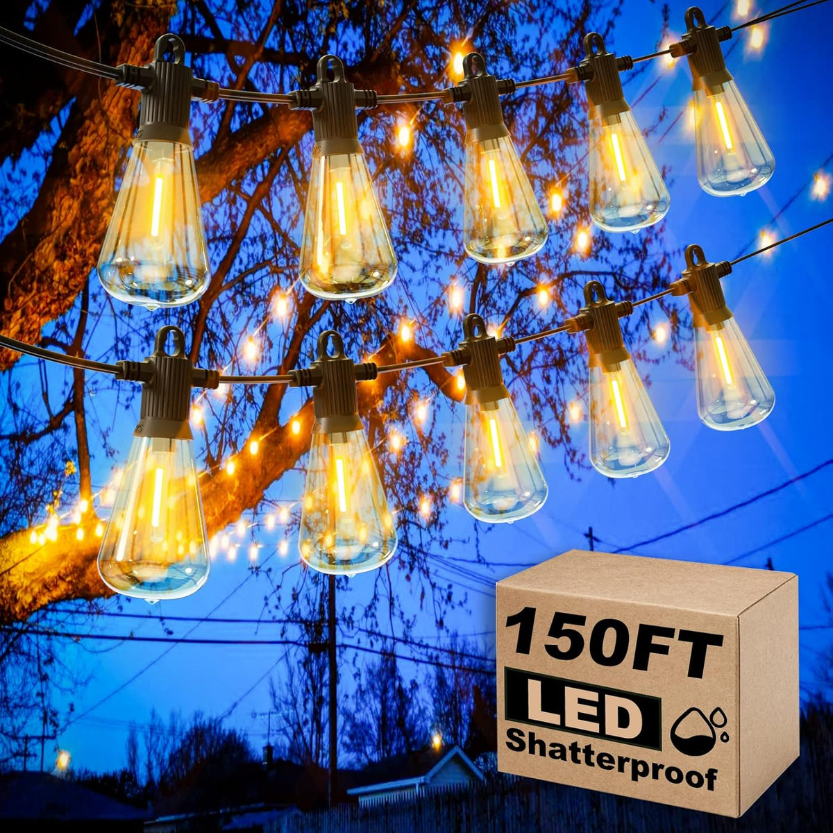 Outdoor String Lights, 150FT LED Patio Lights with 72+3 ST38 Vintage Edison Shatterproof Bulbs