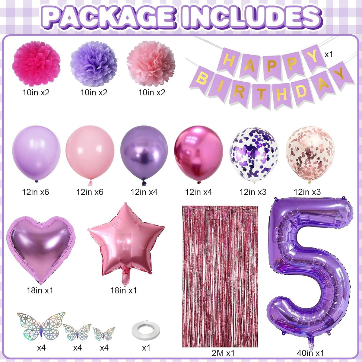 Pink Purple 5th Birthday Party Decorations for Girls Number 5 Balloon Happy Birthday Banner