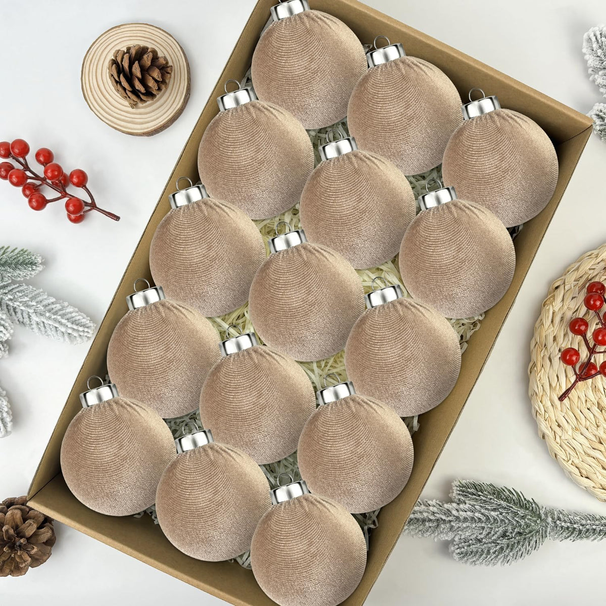 Brown Velvet Christmas Ornaments for Tree 15 PCS, Big Neutral Flocked Christmas Balls Ornaments