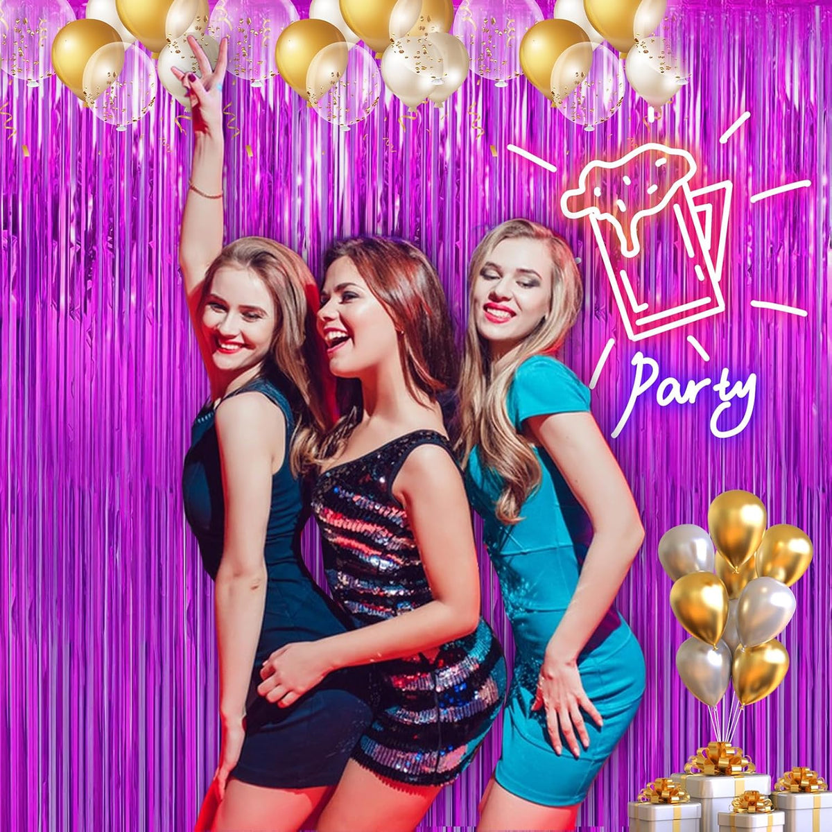 2 Pack 3.28 ft x 6.56 ft Rose Red Tinsel Curtain Party Backdrop Decorations, Metallic Foil Fringe