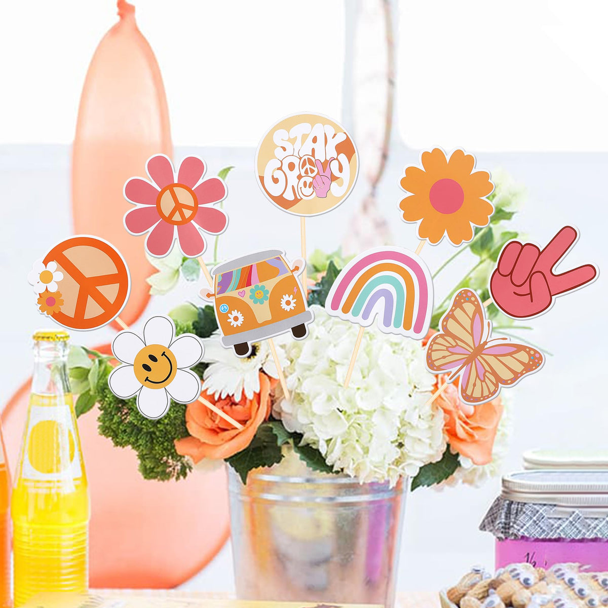 18 PCS Hippie Party Centerpiece Sticks Dasiy 60s Retro Boho Peace Sign Hand Butterfly Two Groovy
