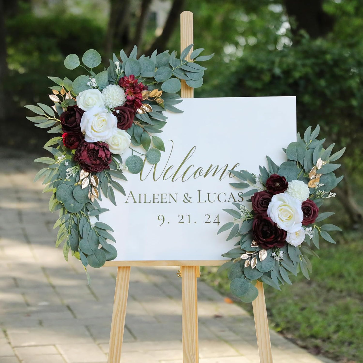 Artificial Burgundy Wedding Arch Flower Swags Set of 2 for Welcome Signs, Reception and Ceremony