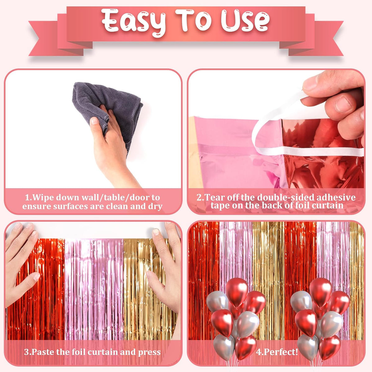 2 Pack Valentine Foil Fringe Backdrop Curtains, Tinsel Streamers Party Decorations, Fringe