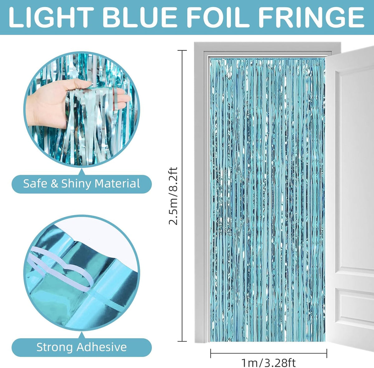 30 Pack Light Blue Foil Fringe Curtain Backdrop, 3.3x8.2 Feet Metallic Tinsel Streamer Curtains