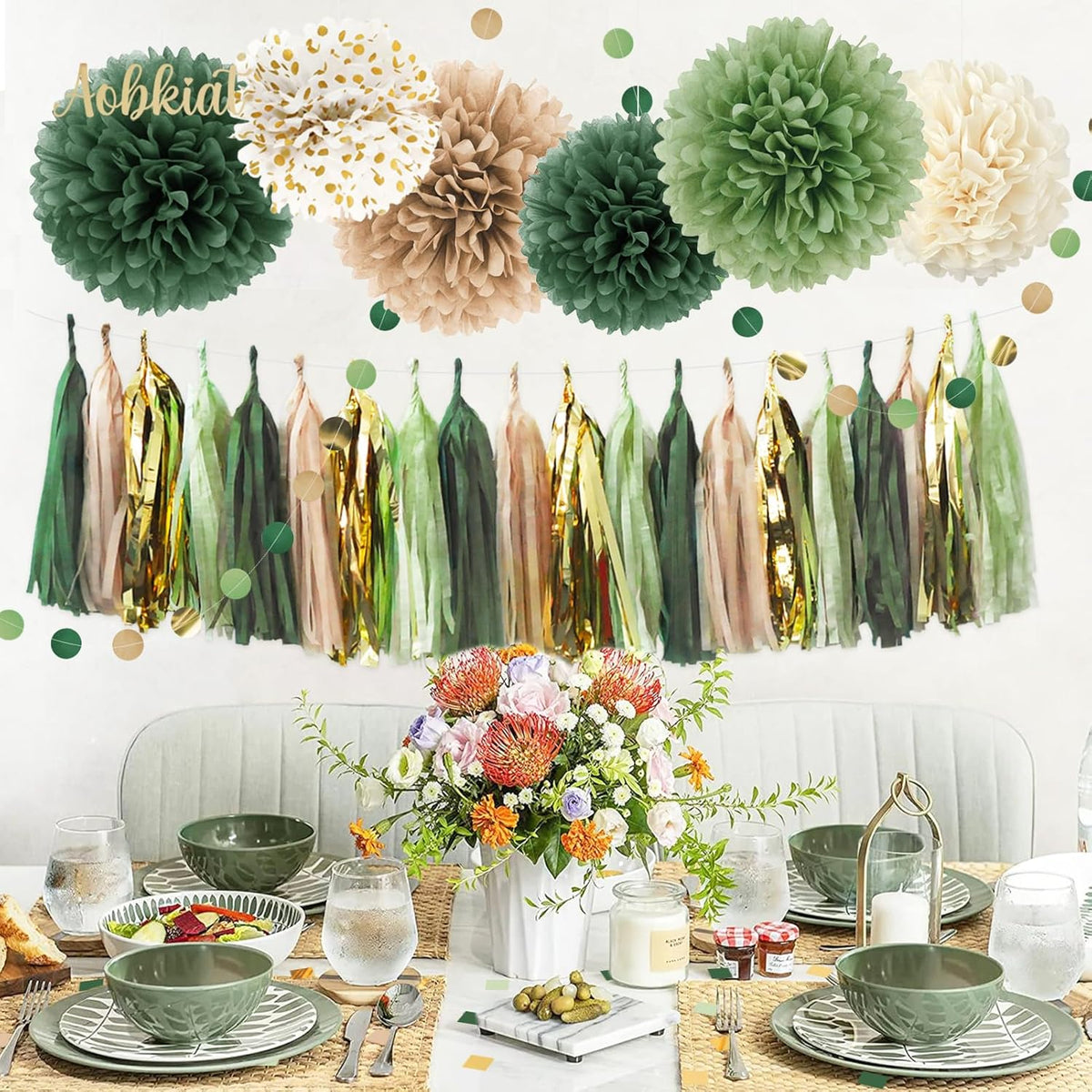 AOBKIAT Sage Green Wedding Party Decorations,28 PCS Tissue Paper Pom Poms,Circle Dots Garland Paper