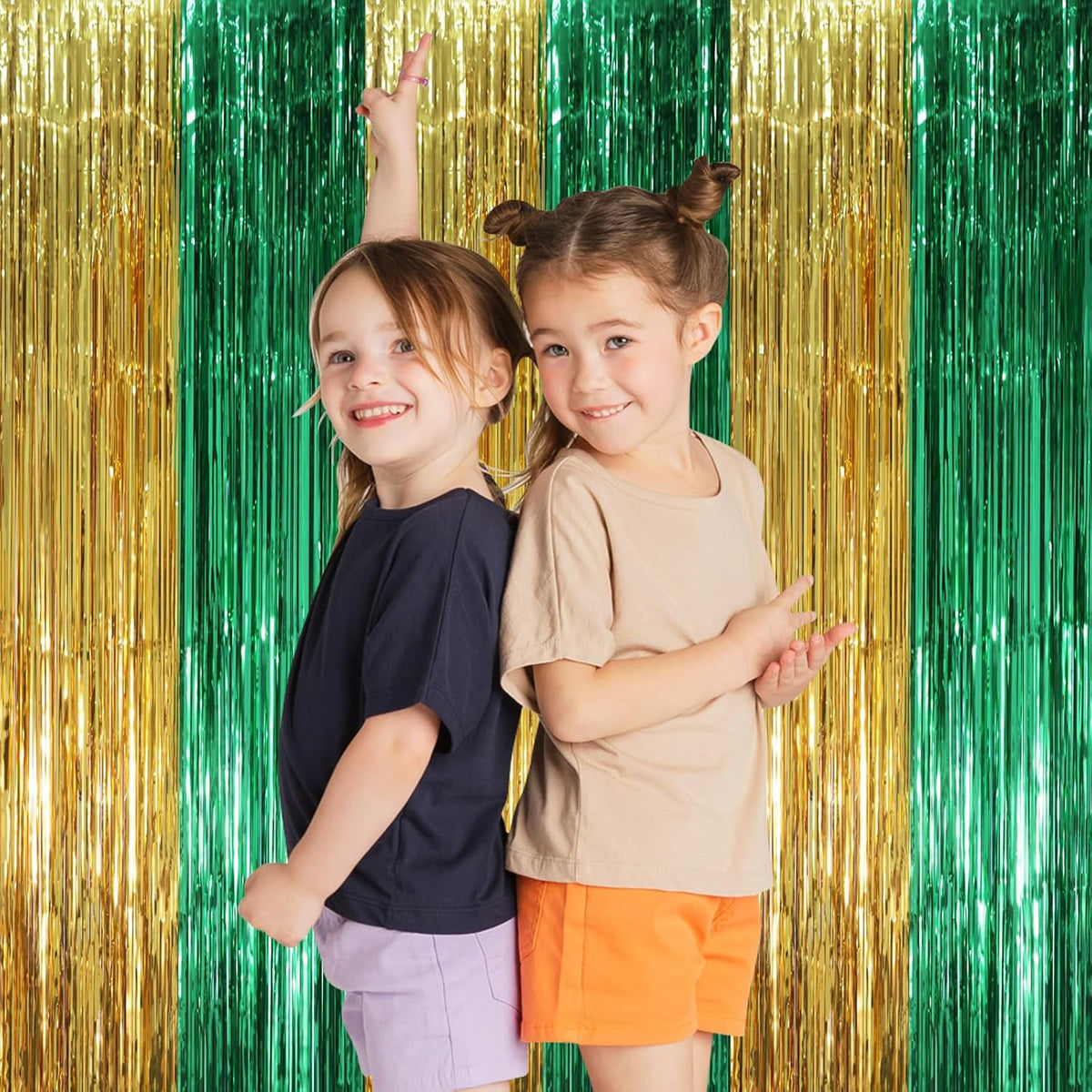 2 Pack Green and Gold Foil Fringe Backdrop Curtains, Tinsel Streamers Party Decorations, Fringe
