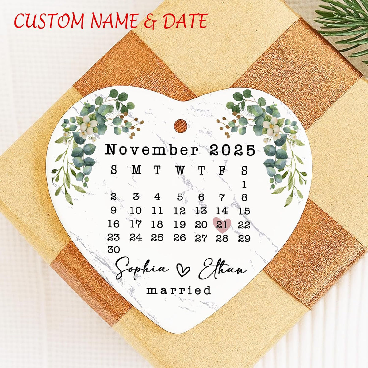 Love Signal Married Calendar Ceramic Ornament, Mr Mrs 2025 Ornaments Custom Name Date, Personalized