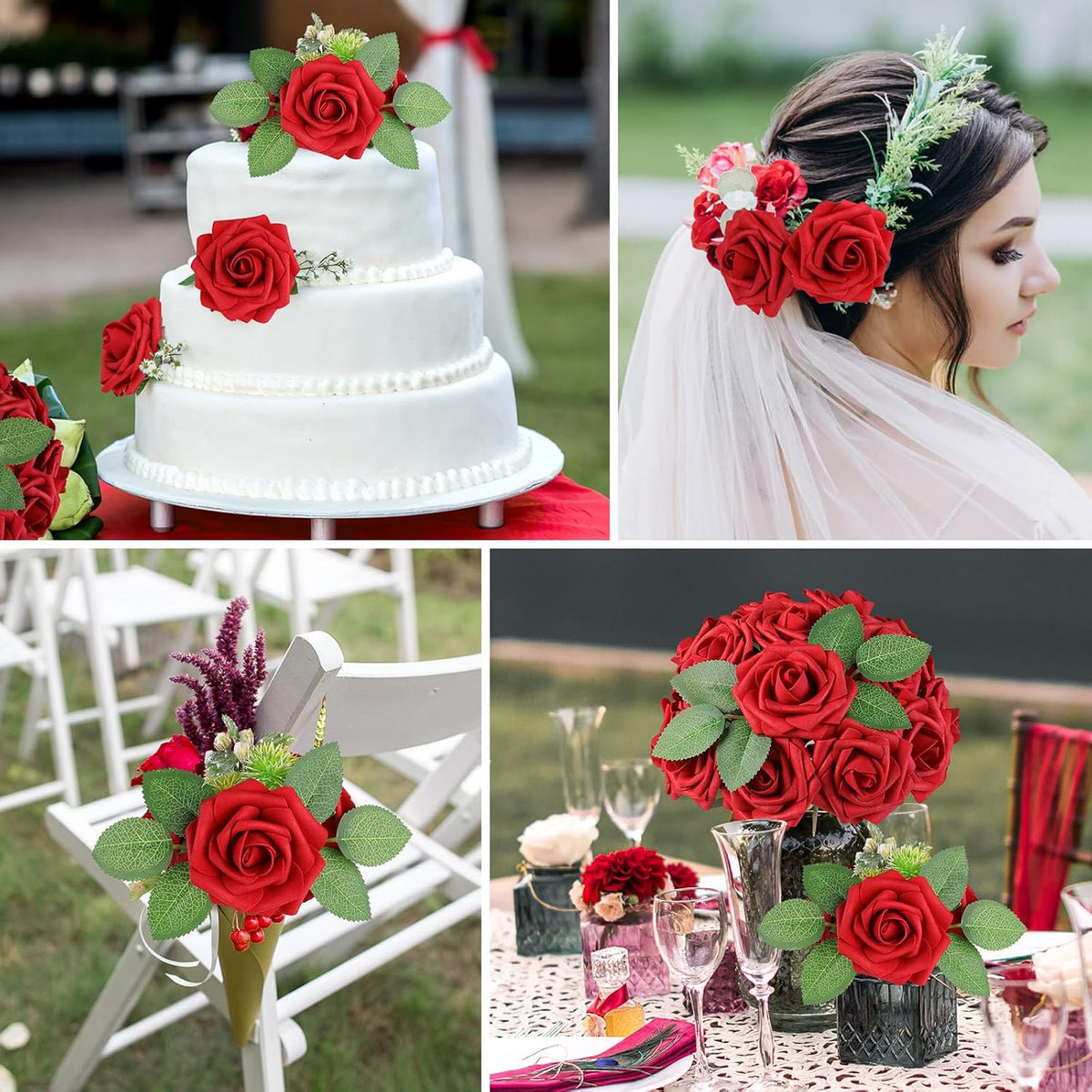AmyHomie Artificial Flowers Red Rose 50pcs Real Looking Fake Roses w/Stem for DIY Wedding Bouquets