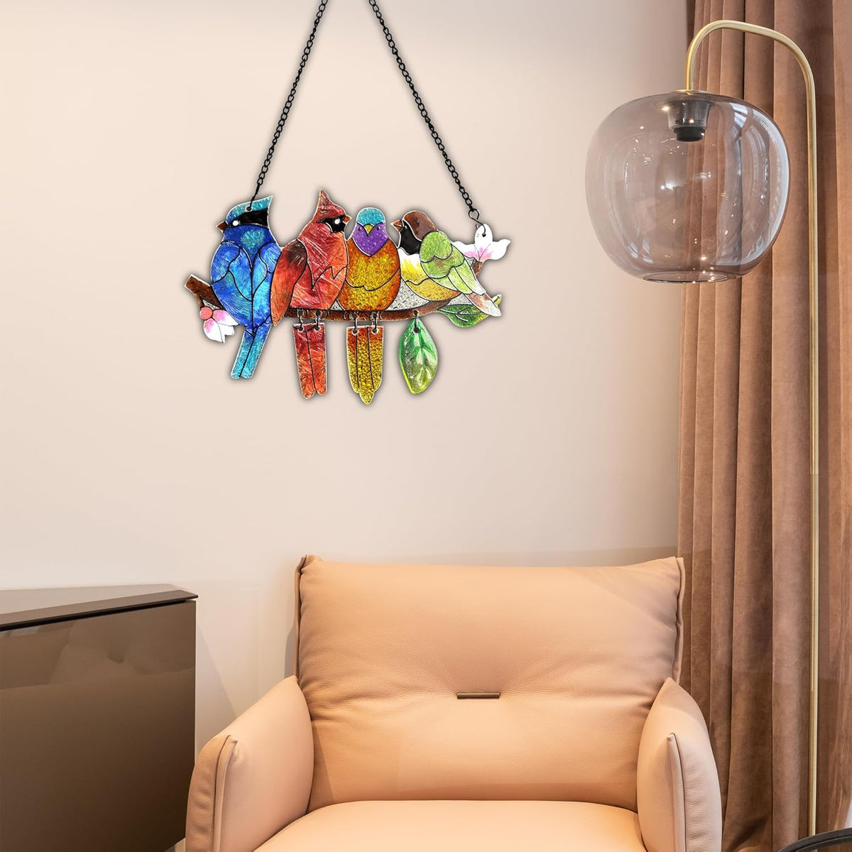 Stained Glass Window Hanging - Hummingbird on Branch Suncatcher Hand-Painted Double Side Stain