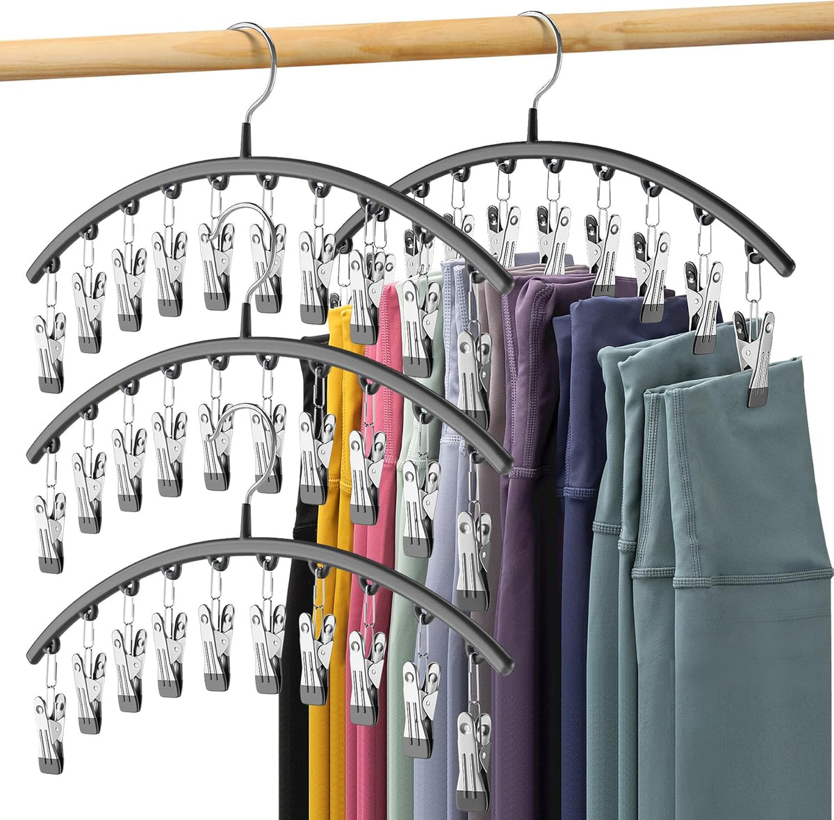 Legging Organizer for Closet, Metal Yoga Pants Hangers 4 Pack w/10 Clips Holds 40 Leggings, Space