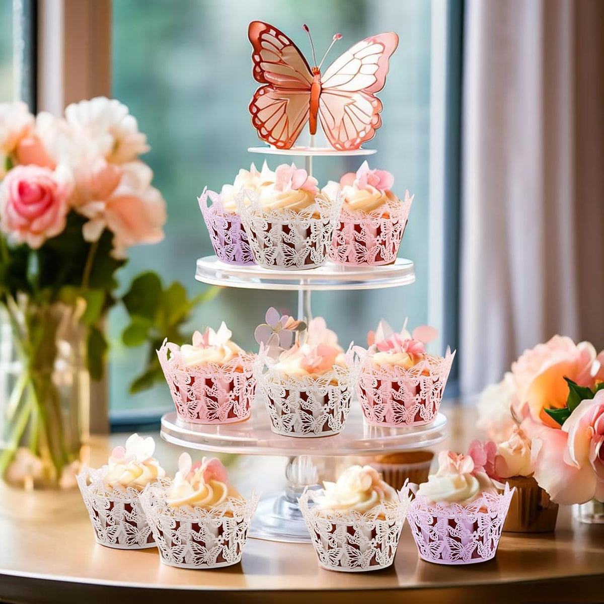 Cupcake Liners, Cupcake Wrappers Artistic Bake Cake Toppers Little Butterfly Flowers Paper White