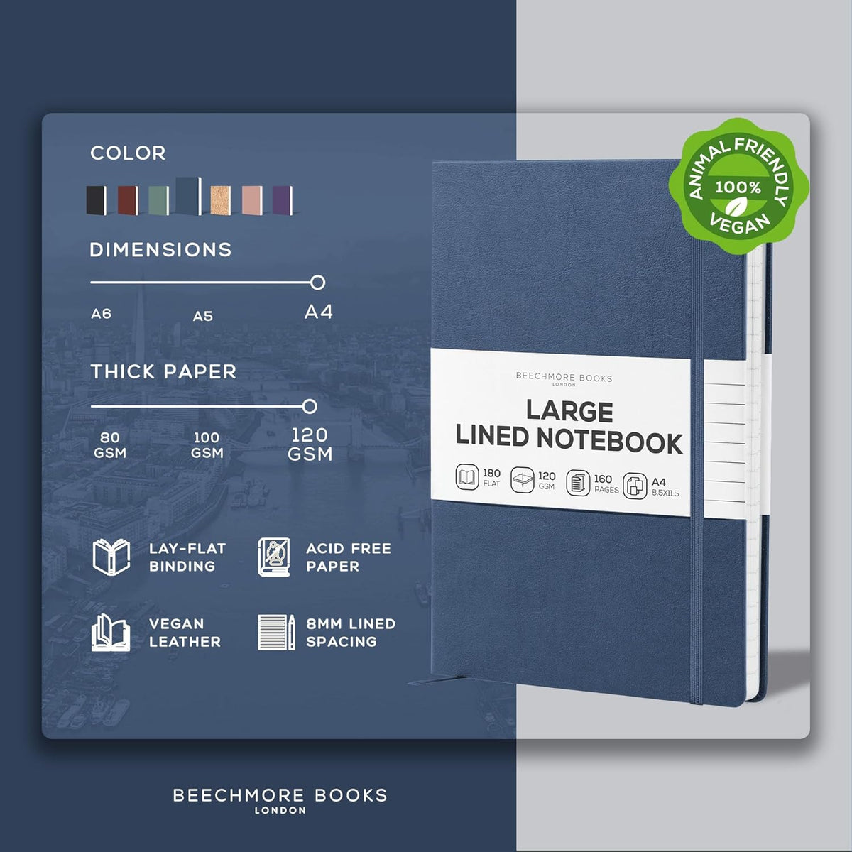 BEECHMORE BOOKS Lined Journal Notebook, 8.5 x 11.5 inch, A4 160 Lined Pages, Hardcover Leather