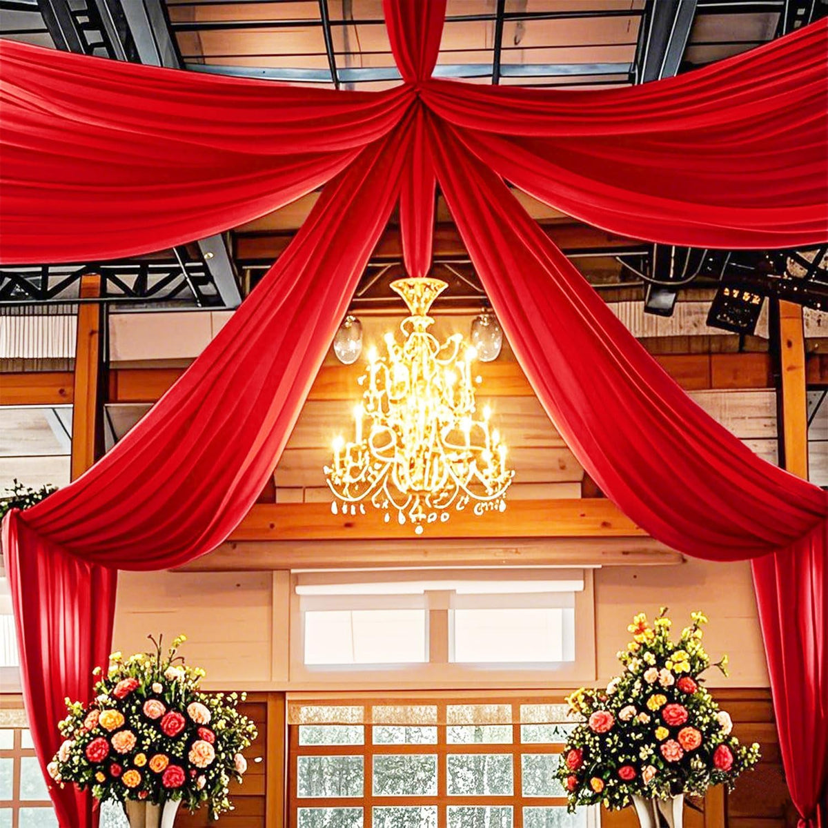 FUHSY Red Ceiling Drapes for Wedding Ceiling Drapes 5FTx20FT 2 Panels Sheer Ceiling Drapes for