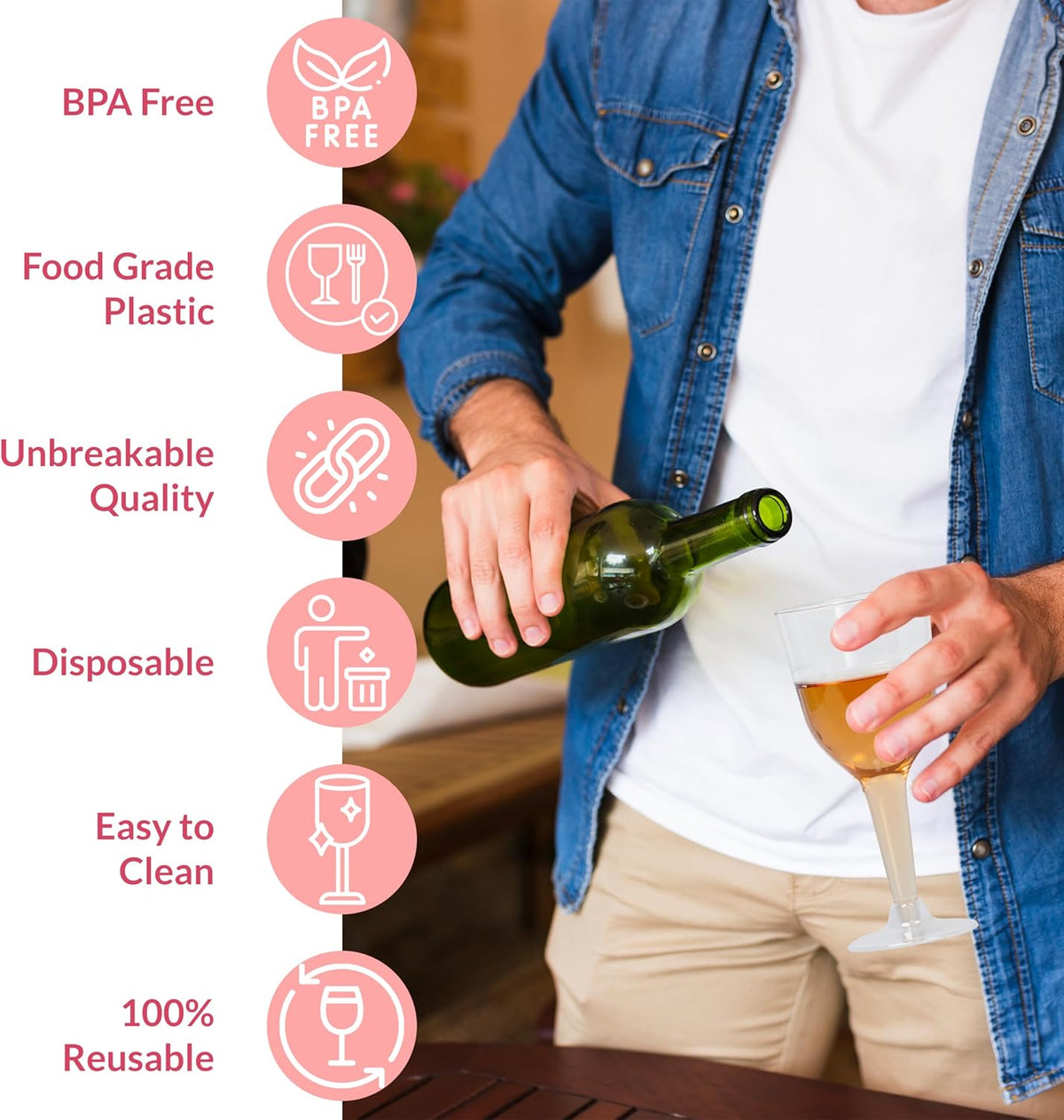 Prestee Stemmed Disposable Wine Glasses - 10 oz Clear Plastic Wine Glasses BPA-Free - Easy Assembly