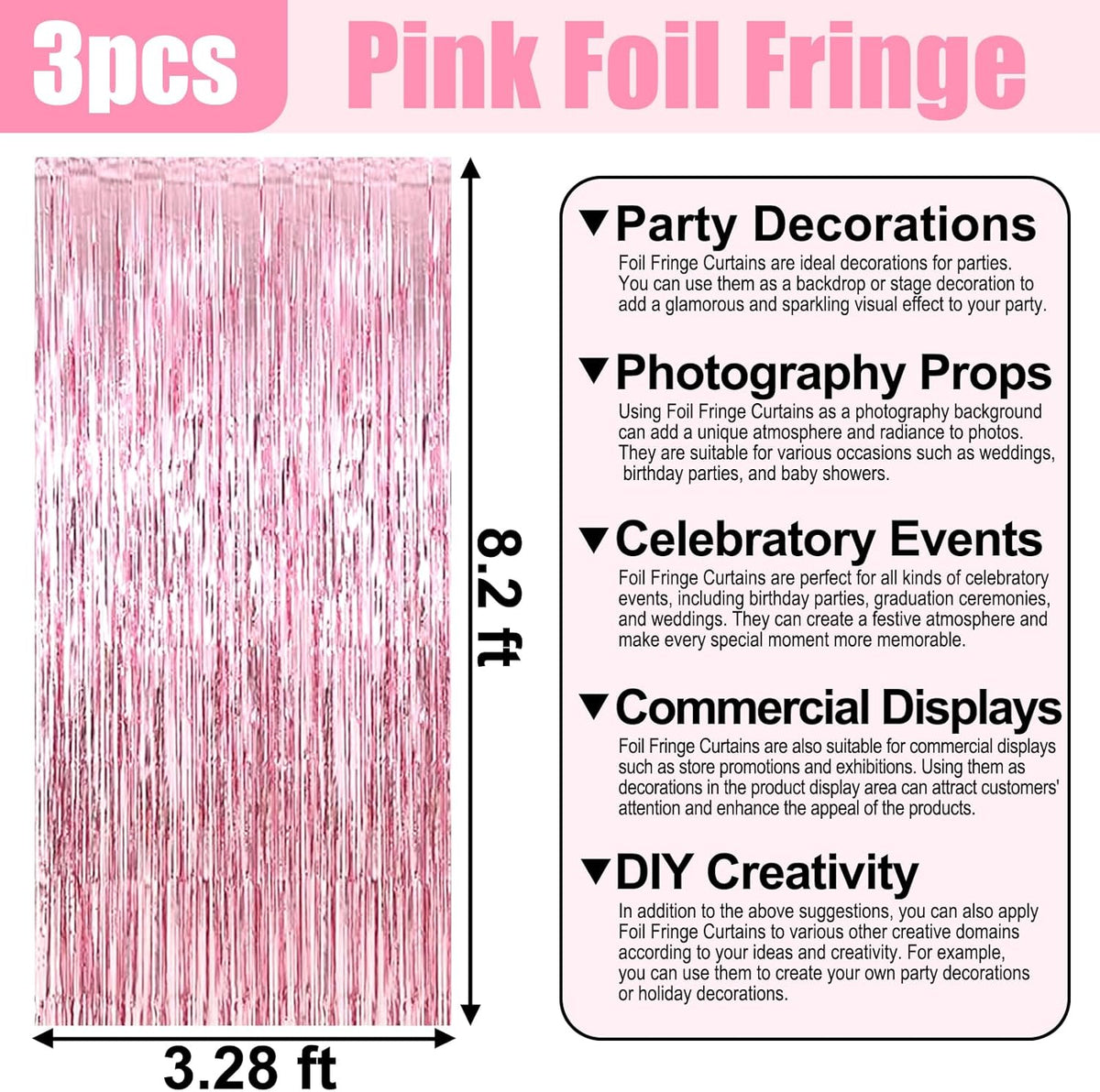 3 Pack Pink Foil Fringe Curtain Backdrop, 3.28Ft x 8.2Ft Metallic Tinsel Foil Fringe Streamer