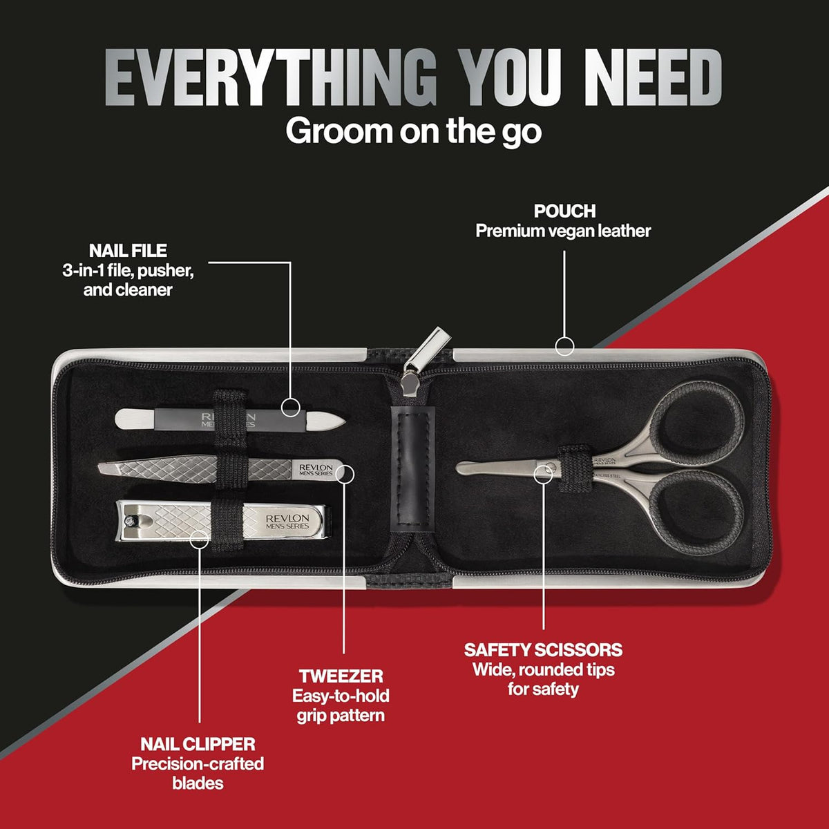 Revlon Men's Grooming Kit, 5-Piece Travel Essentials Set, Includes Nail Clippers, Scissors, File