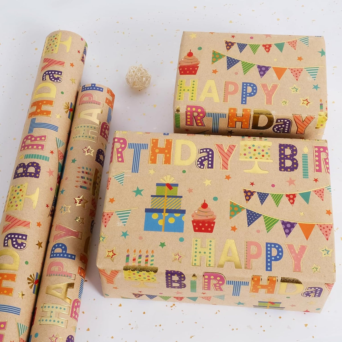 Aimyoo Colorful Birthday Wrapping Paper Roll - 17 Inch X 16.4 Feet - Gold Foil Happy Birthday