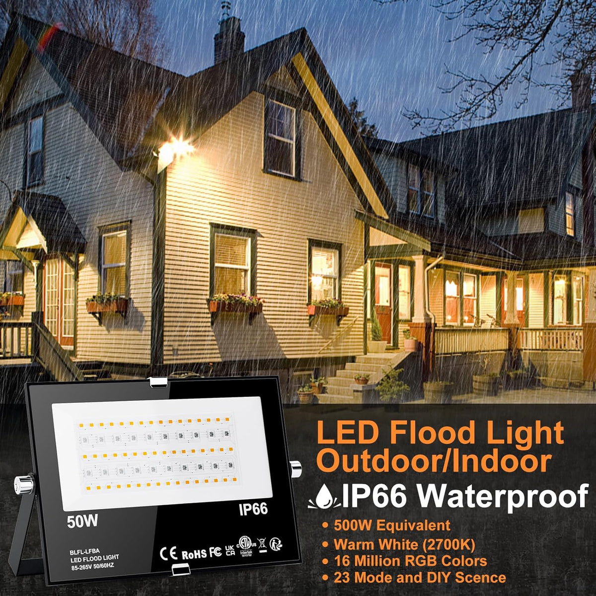 LED Flood Lights RGB Color Changing 500W Equivalent, Outdoor RGBW Bluetooth Smart Floodlights APP
