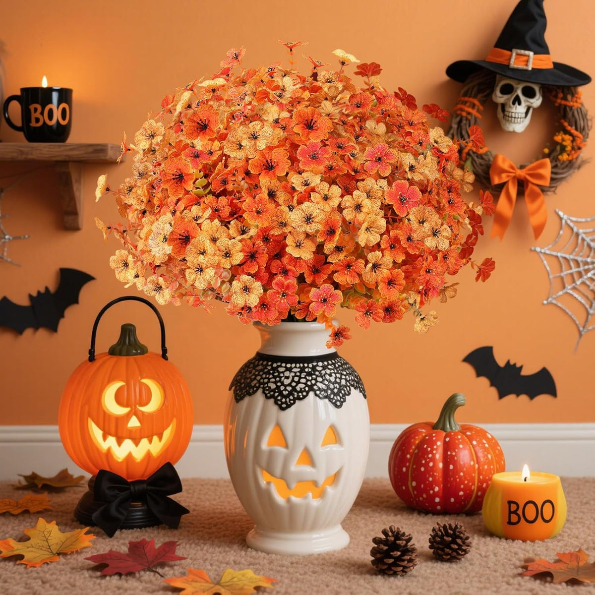 AmyHomie 16 Bundles Fall Orange Yellow Artificial Flowers for Outdoor Fall Decor UV Resistant Faux