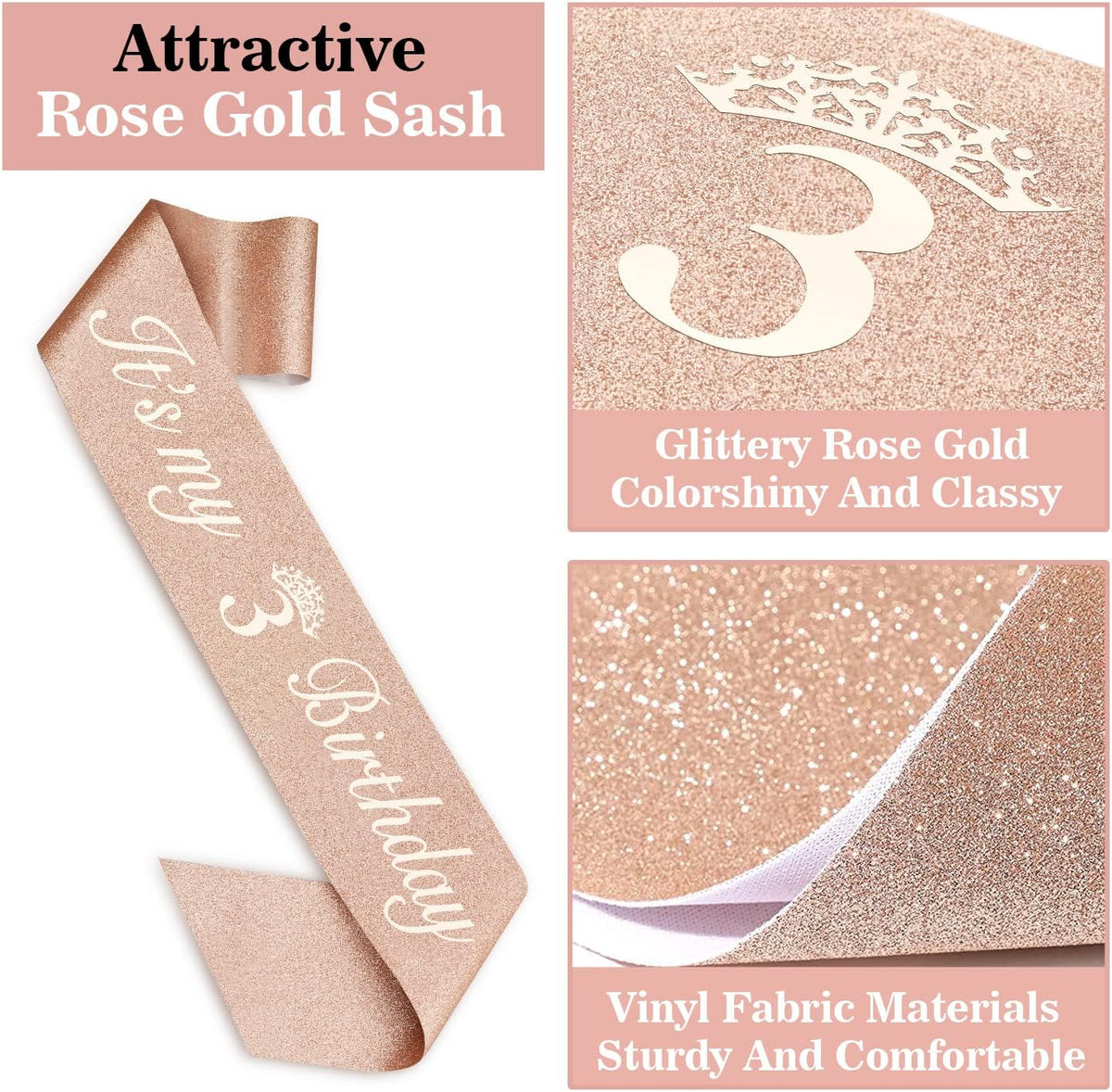 3rd Birthday Decorations for Girls, Including Sash, Crown/Tiara, Candles, Cake Toppers, 3rd
