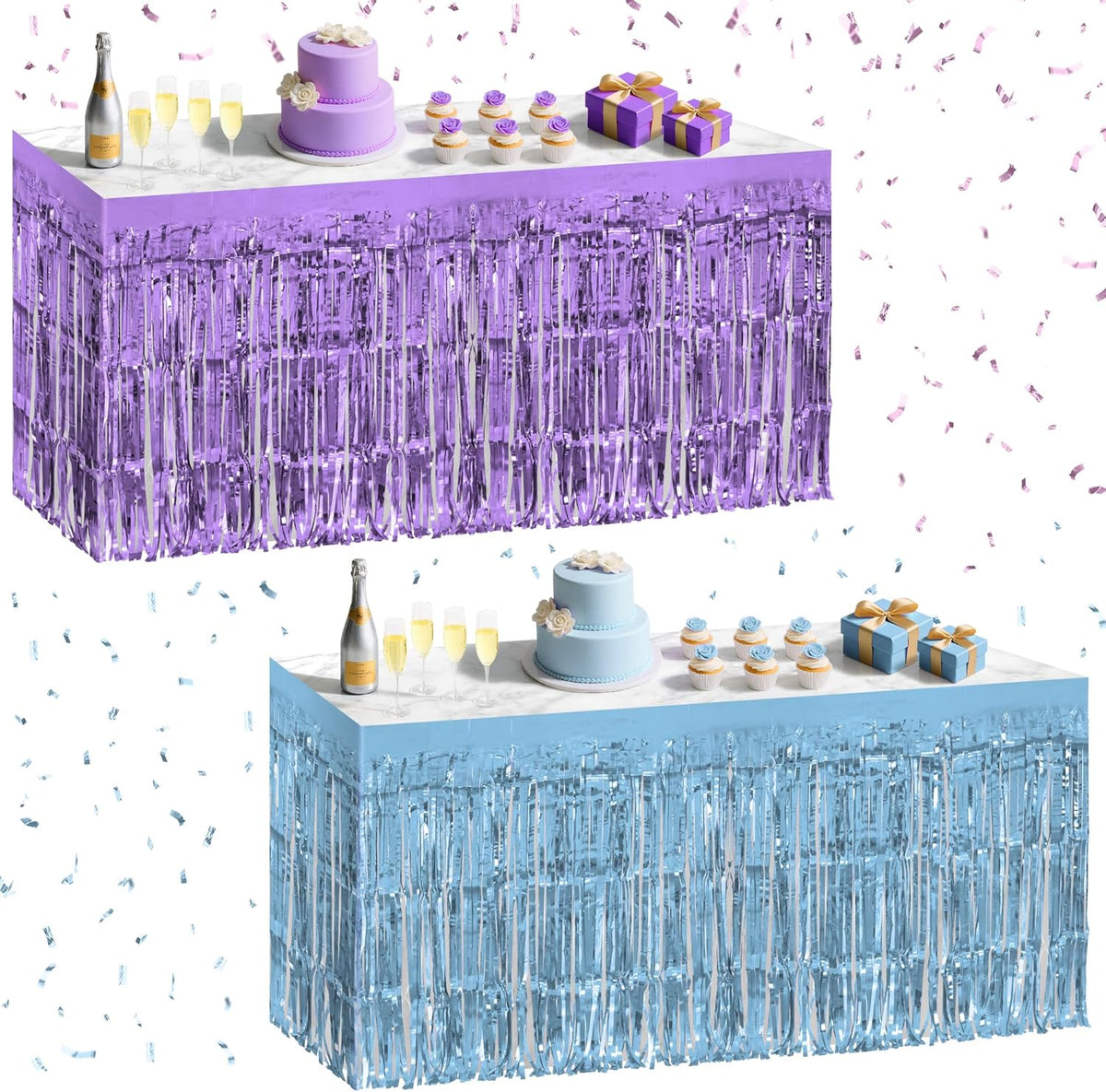 2 Pack Light Blue Light Purple Table Skirts, 29x108" Metallic Foil Tinsel Fringe Table Skirt for