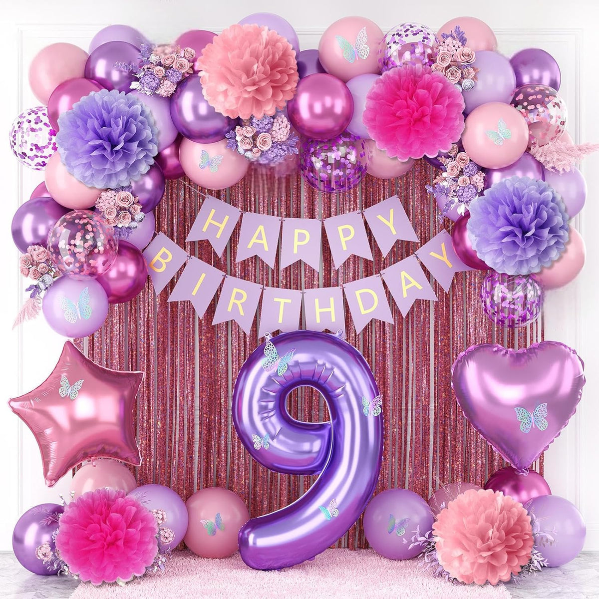 Pink Purple 9th Birthday Party Decorations for Girls Number 9 Balloon Happy Birthday Banner