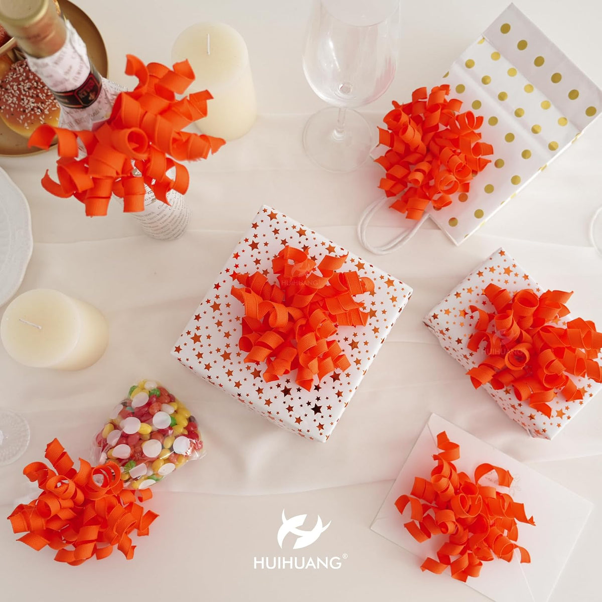 HUIHUANG Curly Ribbon Bows for Gift Wrapping, Orange Gift Bows Self Adhesive Burst Gift Bows for