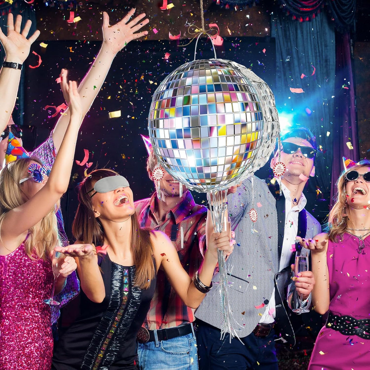 WERNNSAI Disco Ball Piñata - Disco Party Decoration Pull String Mirror Piñata with Bat and