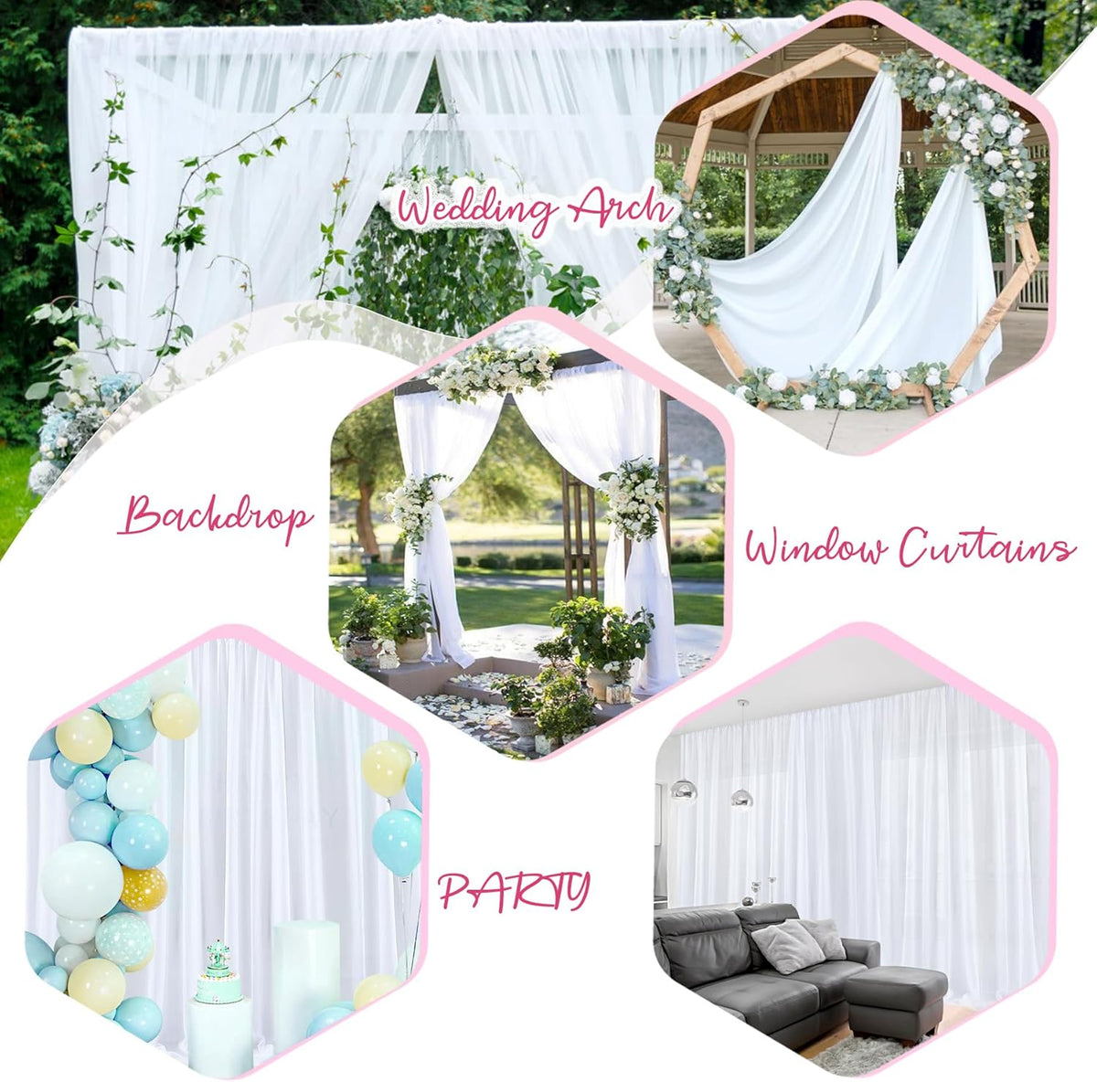 PARTISKY 10x10ft White Chiffon Sheer Backdrop Curtains (2 Panels 5x10ft Each) -Wrinkle-Free Drapes