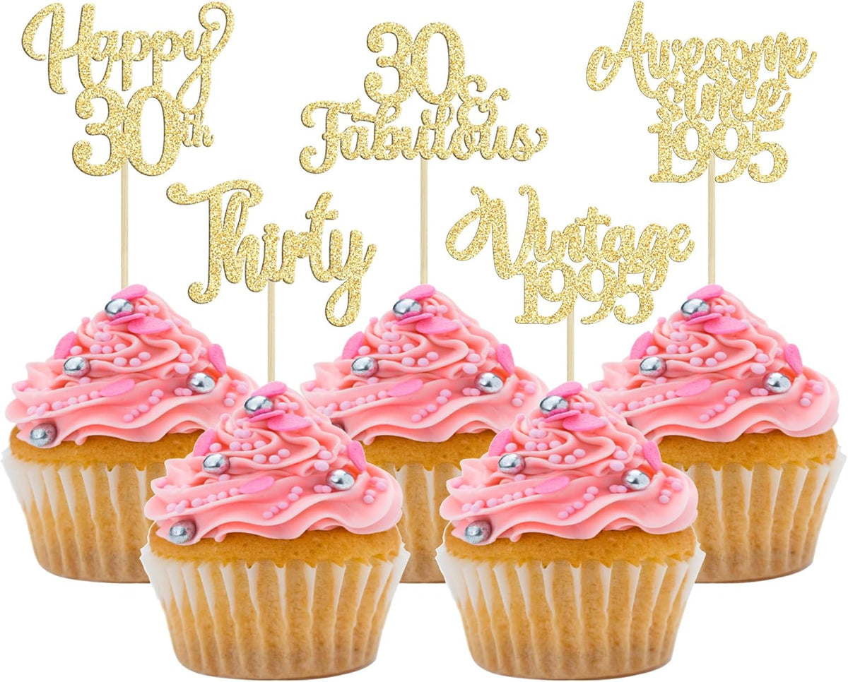 30Pcs Vintage 1995 Cupcake Toppers Glitter Thirty Happy 30th Birthday 30 Fabulous Cupcake Picks