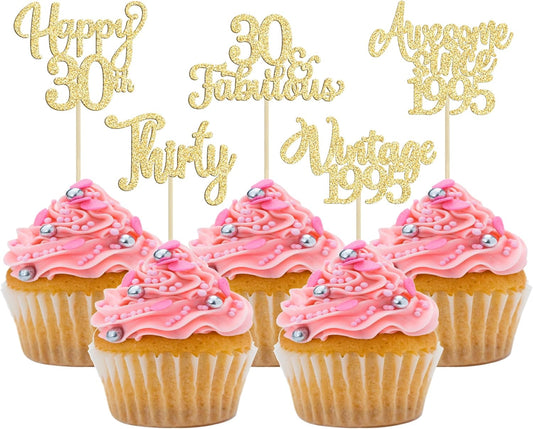 30Pcs Vintage 1995 Cupcake Toppers Glitter Thirty Happy 30th Birthday 30 Fabulous Cupcake Picks