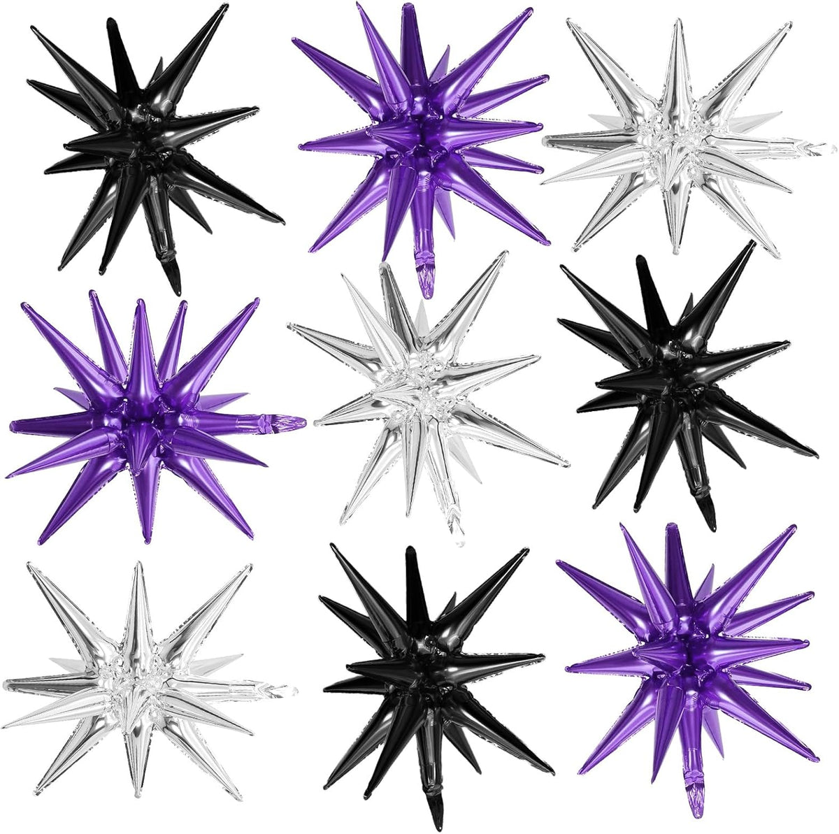 Black Purple Silver Star Balloons,9Pcs 22Inch Black Silver Purple Explosion Spike Cone Helium
