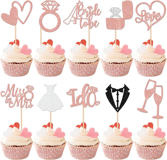 30 PCS Bride to Be Cupcake Toppers Glitter Miss to Mrs I Do Love Heart Ring Cupcake Picks Wedding