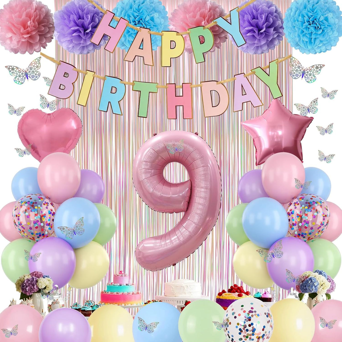 Pastel 9th Birthday Party Decorations for Girls Number 9 Balloon Happy Birthday Banner Butterfly