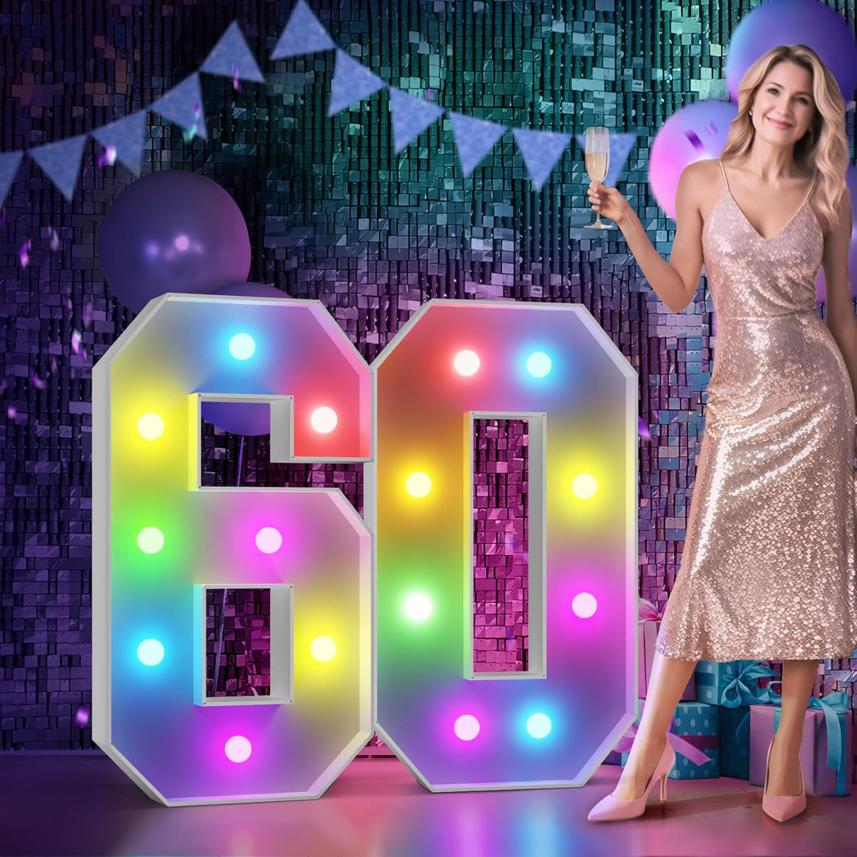 Marquee Numbers 60th-Birthday Decoration: Colorful 3FT Large Light Up 60 Year Old Birthday