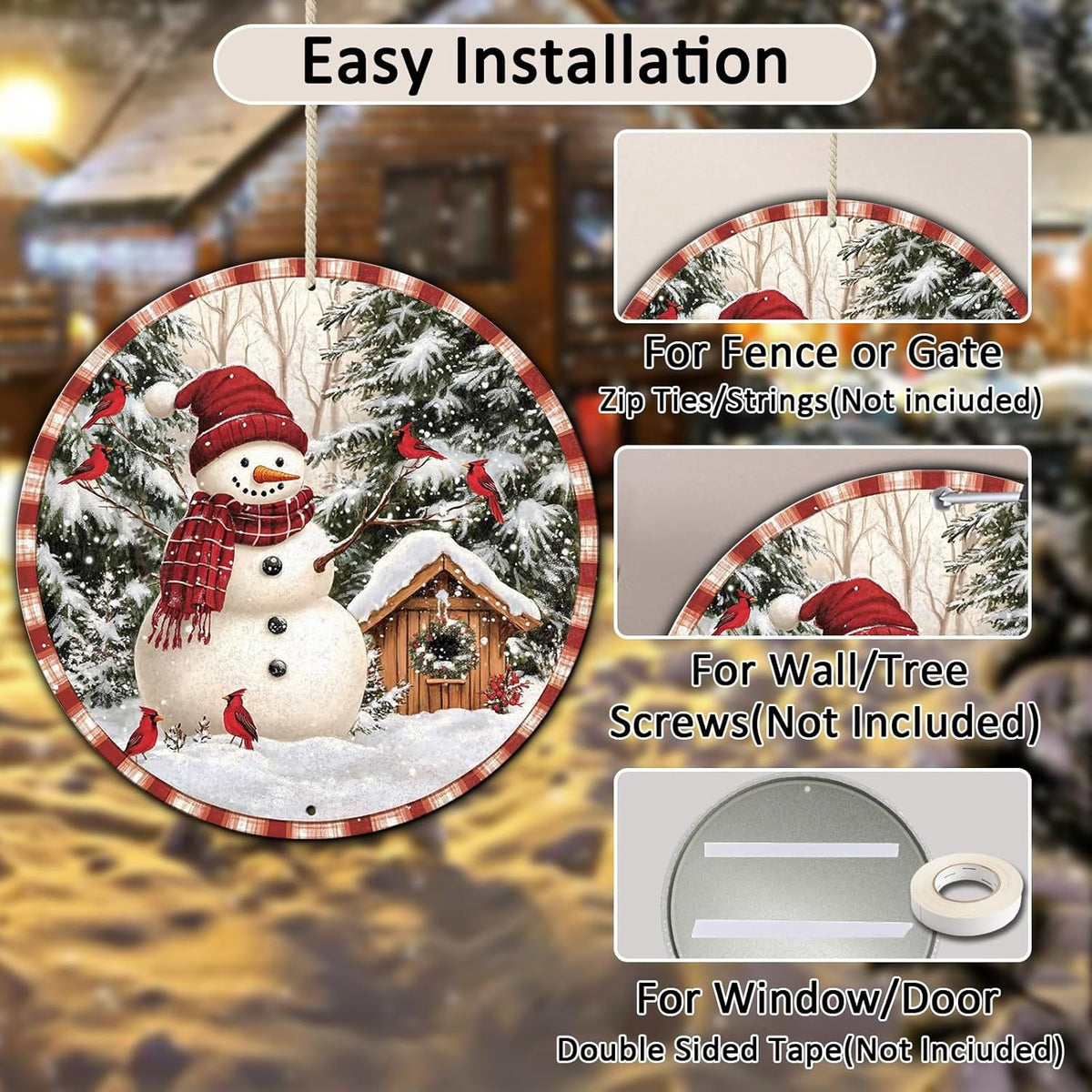 Round Christmas Metal Signs Vintage Snowman and Red Birds Tin Sign Metal Poster Christmas Snowman