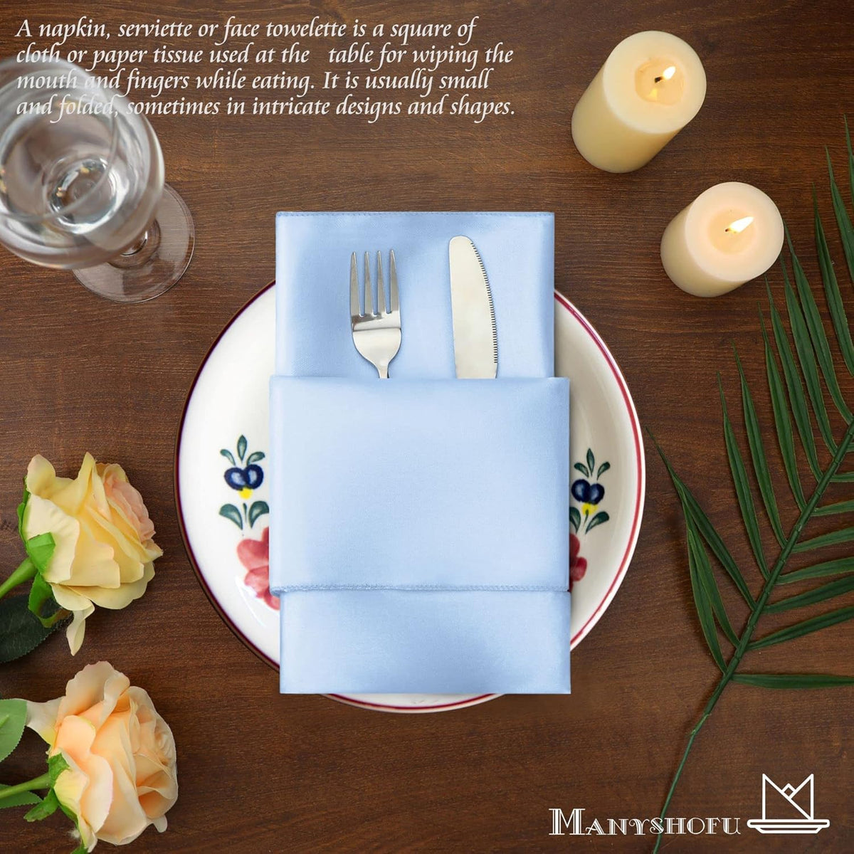 Manyshofu 60 Piece Baby Blue Satin Napkins - 20x20 Inch Square Fabric Napkins Set - Soft & Reusable