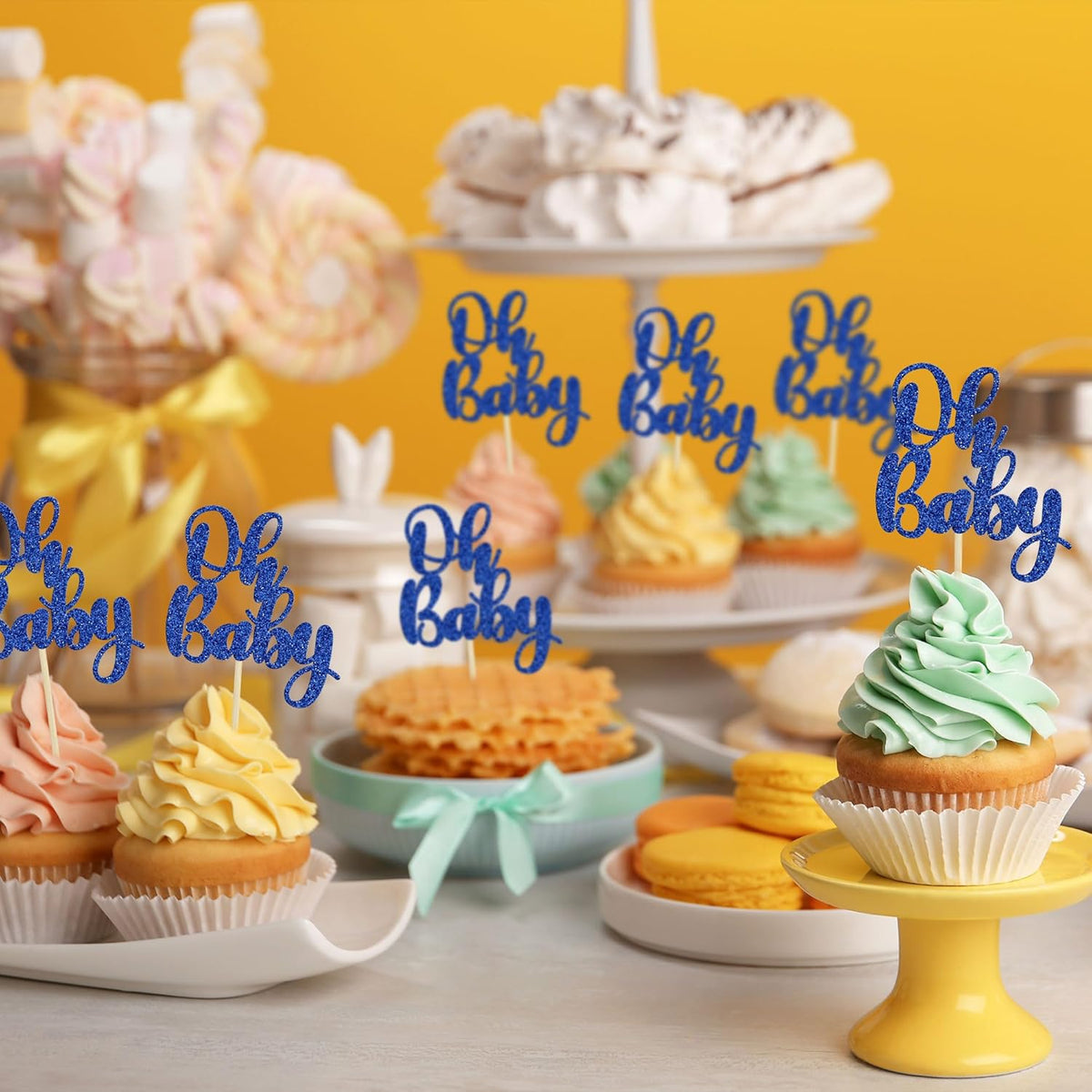 Gyufise 36Pcs Oh Baby Cupcake Toppers Glitter Baby Shower Oh Baby Cupcake Picks for Gender Reveal