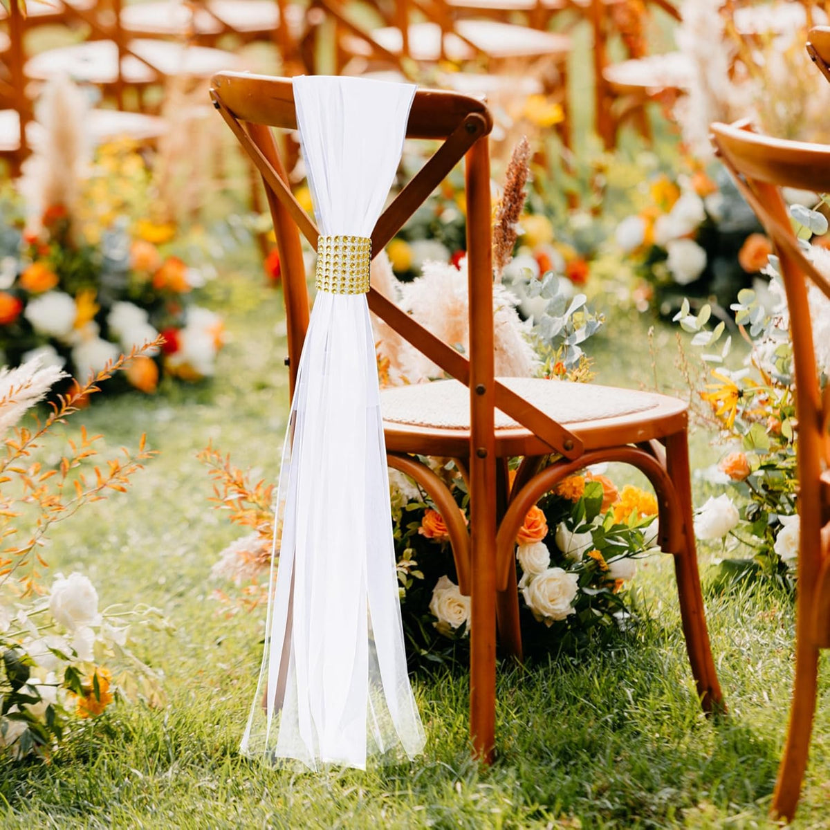 Large White Pew Bows Tulle Wedding Aisle Chair Decorations, Extended Church Pew Decor Aisle Flowers