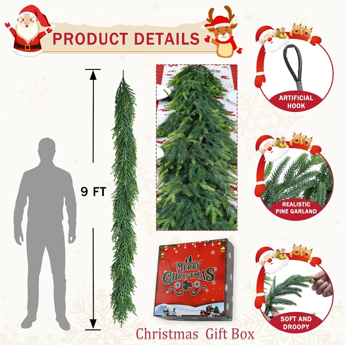 9 Ft Christmas Cedar Garland for Staircase Railing Real Touch Soft Bendable Faux Winter Xmas