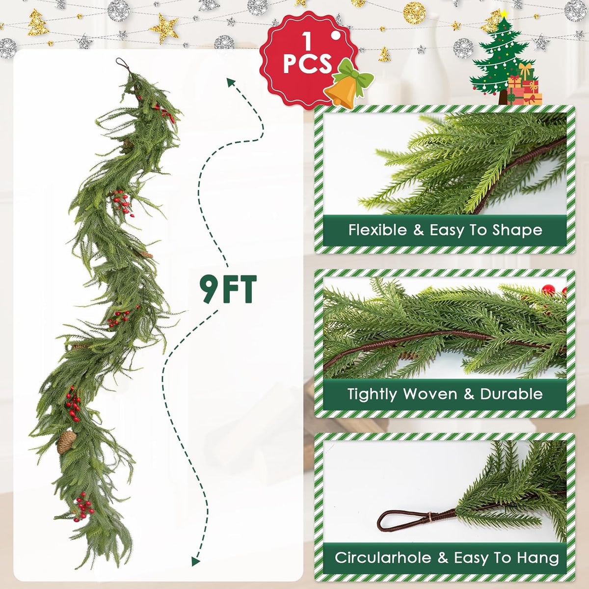 9FT Norfolk Pine Garland Christmas Artificial Greenery with Red Berries Cones, Pine Tree Decor for