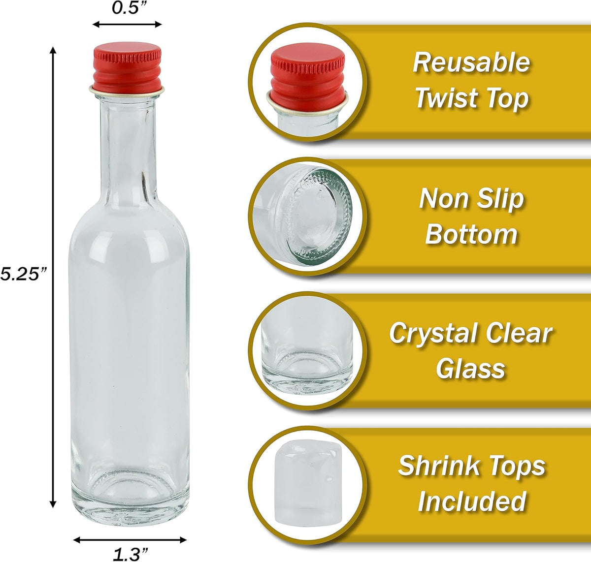 50 ml Mini Glass Bottles With Aluminum Lids and Heat Shrinks, 24 Pack (Red Caps) for Liquor Sauce