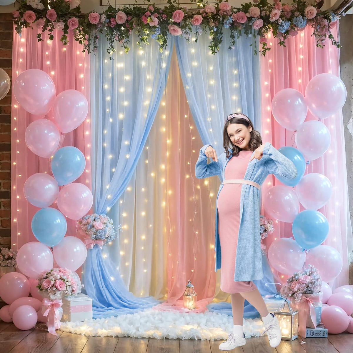 Pink and Blue Backdrop Curtains with Lights String for Baby Shower Sheer Tulle Backdrop Curtain for