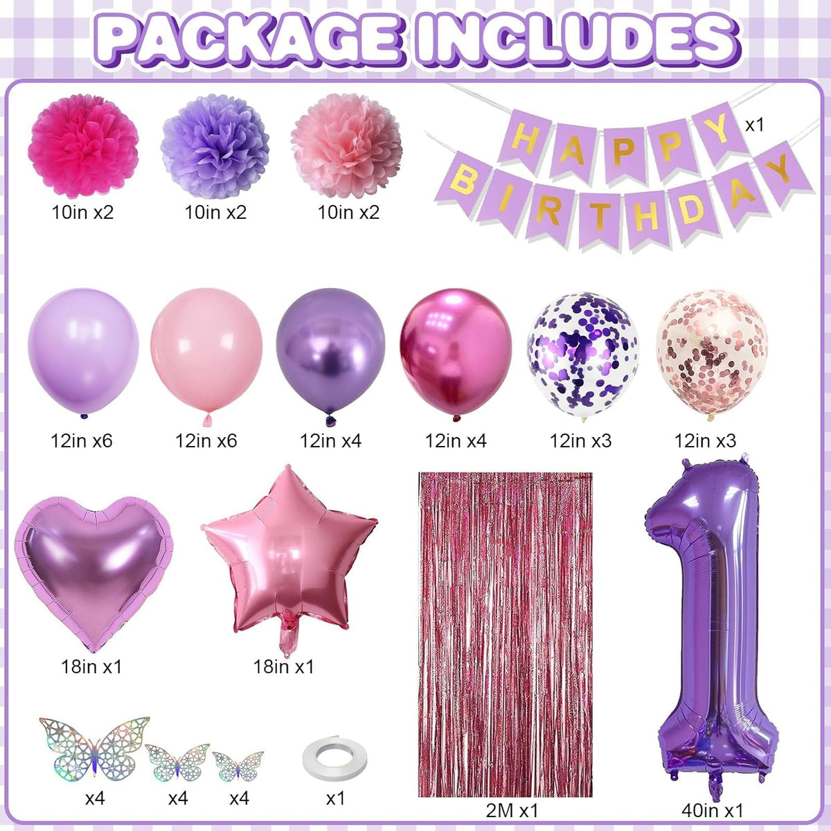 Pink Purple 1st Birthday Party Decorations for Girls Number 1 Balloon Happy Birthday Banner