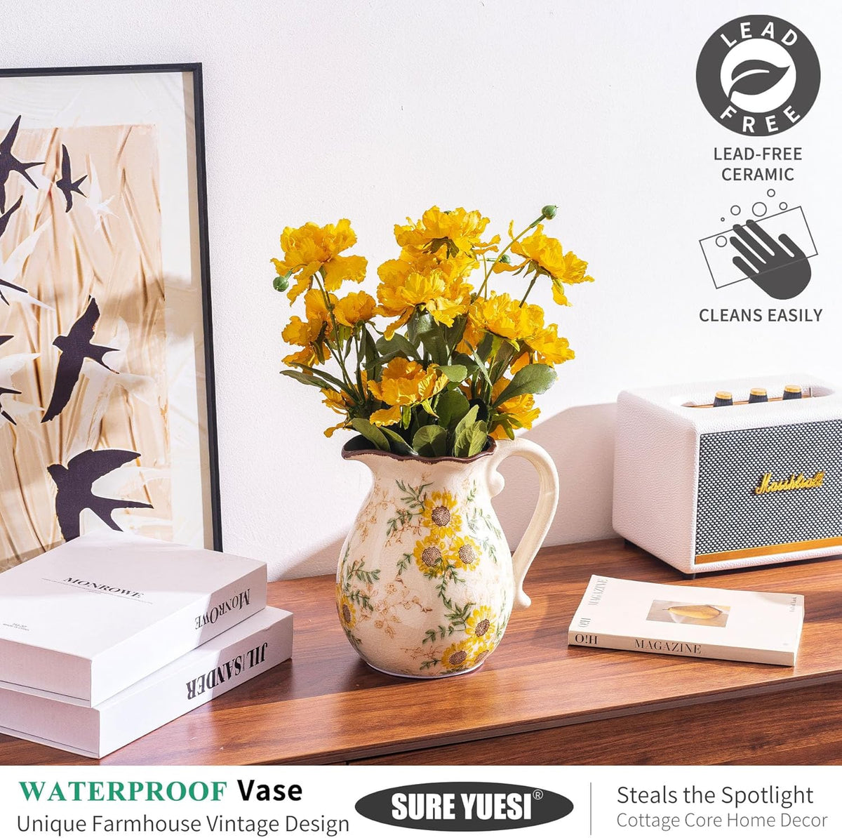 Sunflower Vintage Ceramic Yellow Floral Vase with Handle, Chinoiserie Floral Pitcher Vase, Rustic