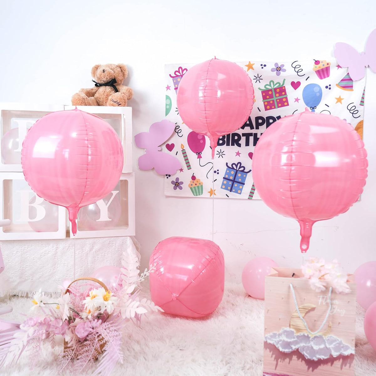 Giant 4D Foil Balloons, 6Pcs Large Metallic Pastel Pink Round Balloons, 22 Inch Big Round Foil