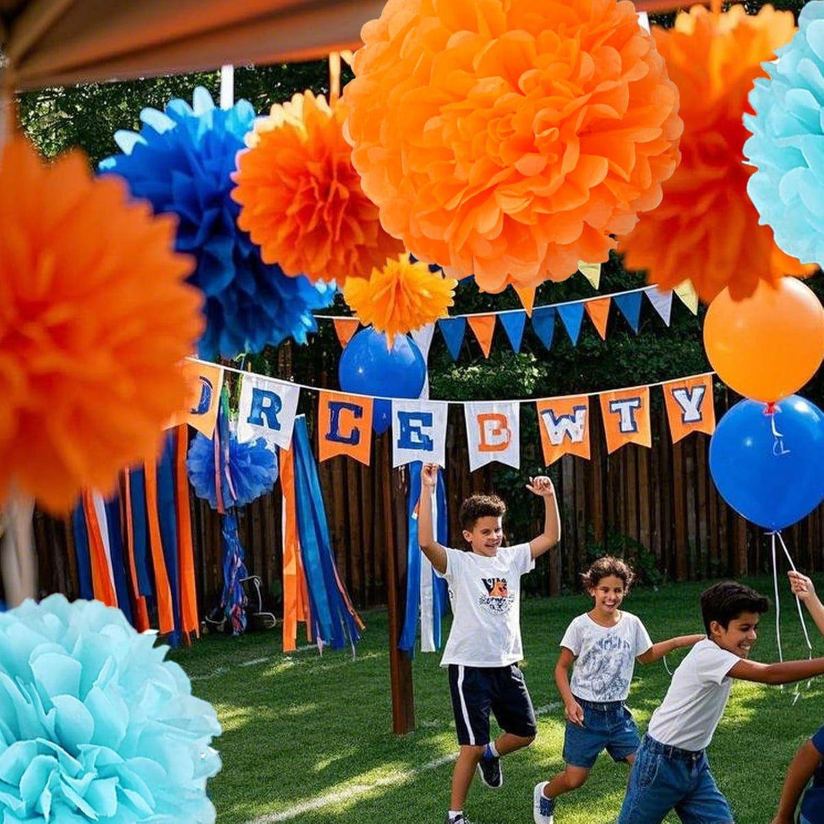 Capesaro Blue and Orange 12PCS Paper Pom Poms Party Decorations for Girl Birthday College