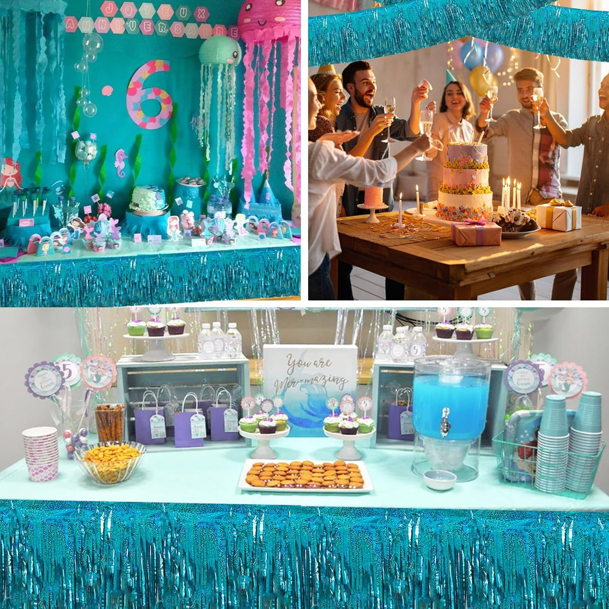 BEISHIDA 3 Packs Metallic Foil Fringe Garland Laser Lake Blue Wall Hanging Tinsel Fringe Banners