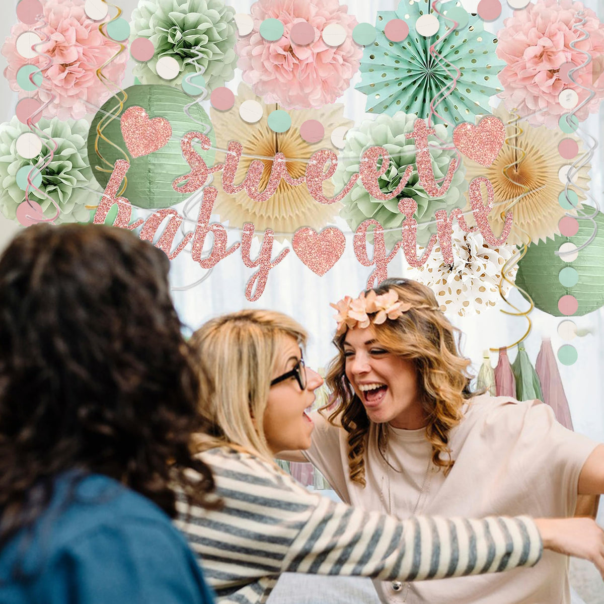 Sage Green and Blush Pink Baby Shower Decorations - Sweet Baby Girl Banner, Olive Green Lanterns