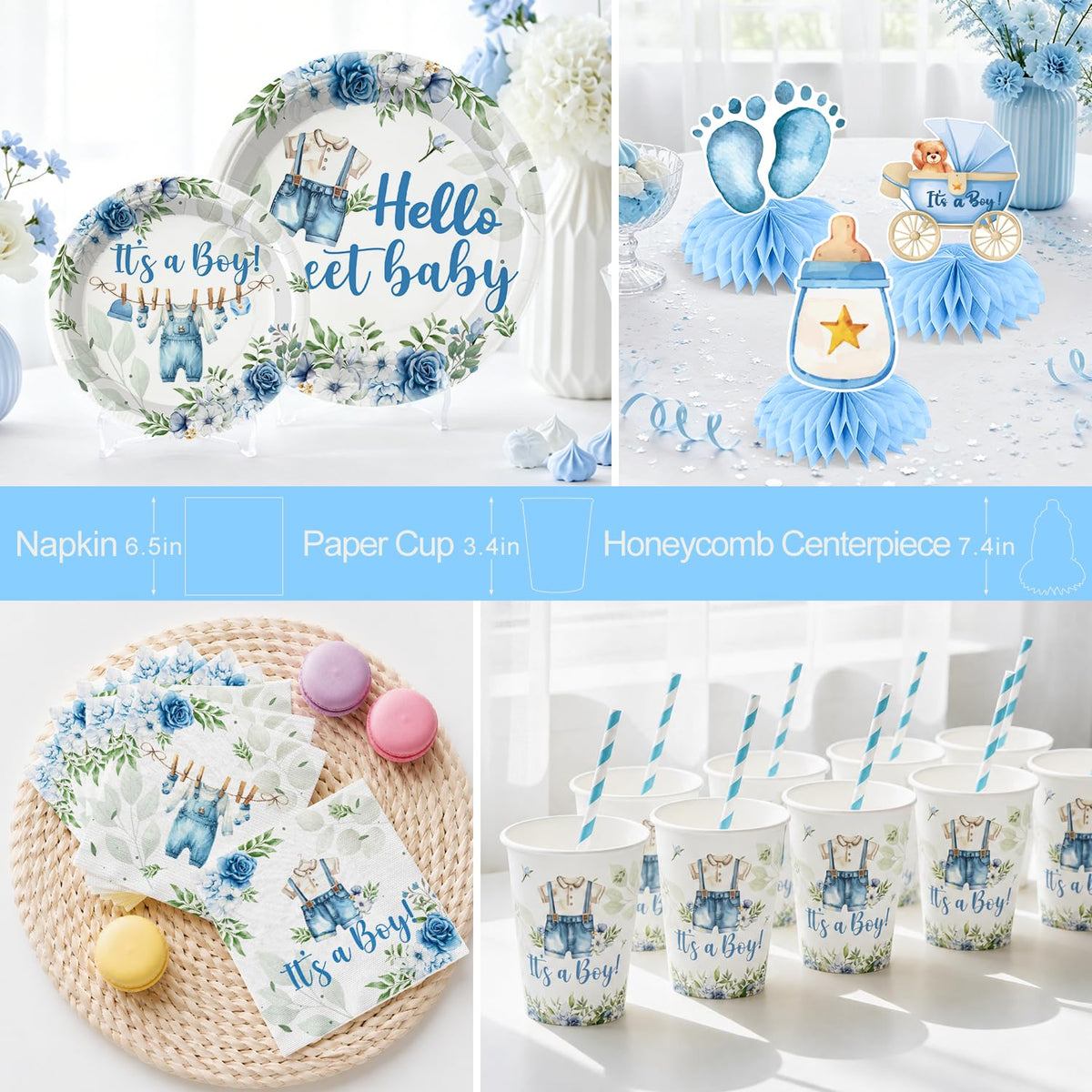 213Pcs Cocomigo Blue Baby Boy Shower Decorations Tableware Set, Serves 25